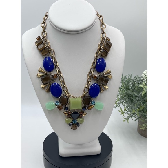 J.‎ Crew Chunky Rhinestone Blue Green Statement Necklace - Picture 1 of 12